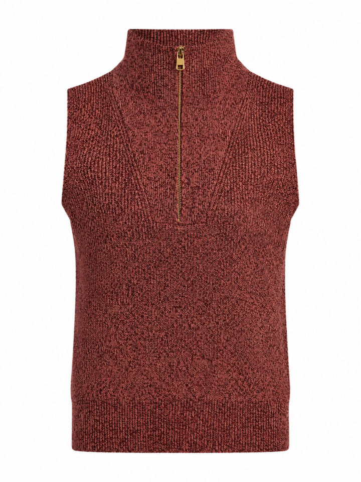 Deep Maroon Sleeveless Knit Top with Mock Neck and Quarter-Zip