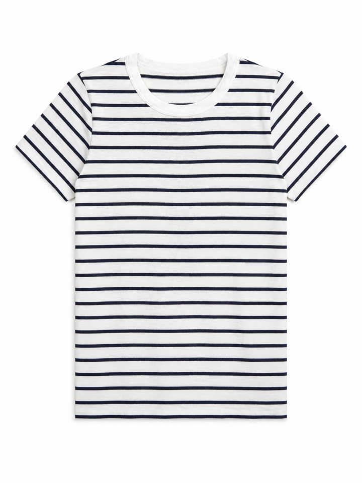 White and Navy Striped Crew Neck Short-Sleeve T-Shirt