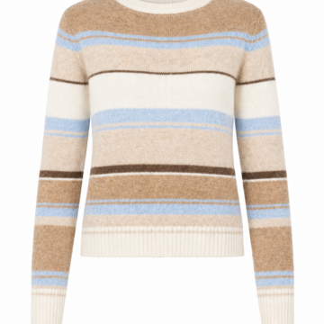 Camel Cream Striped Crewneck Sweater with Horizontal Bands