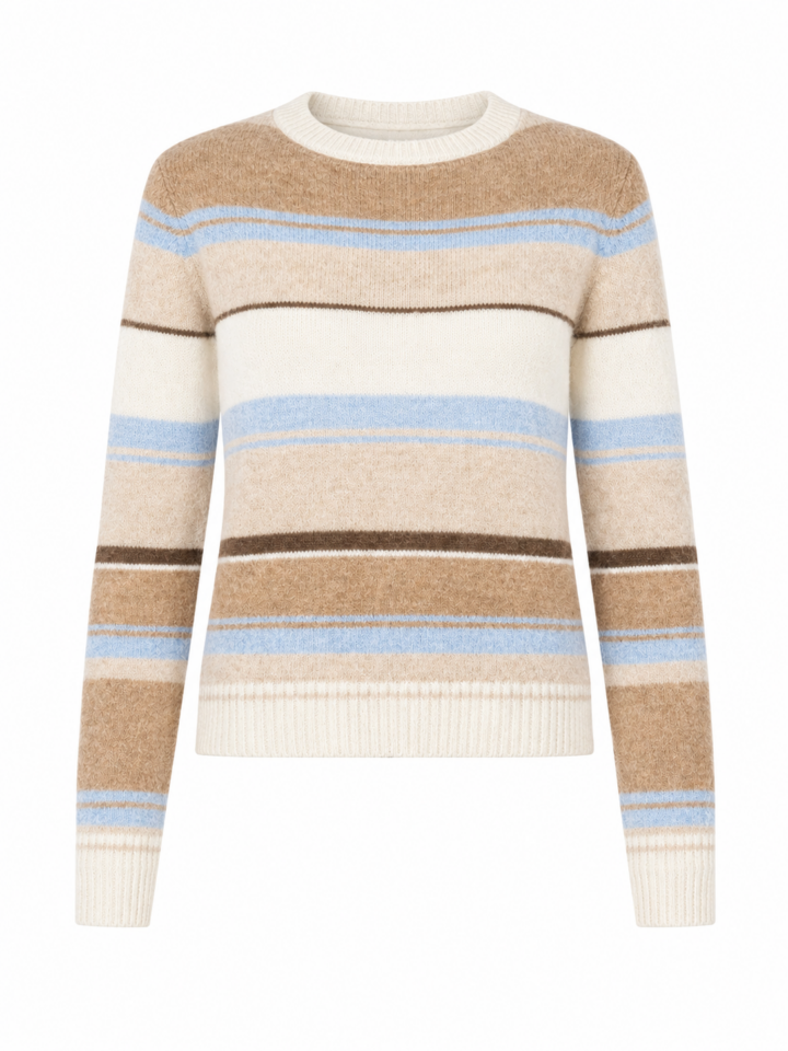 Camel Cream Striped Crewneck Sweater with Horizontal Bands