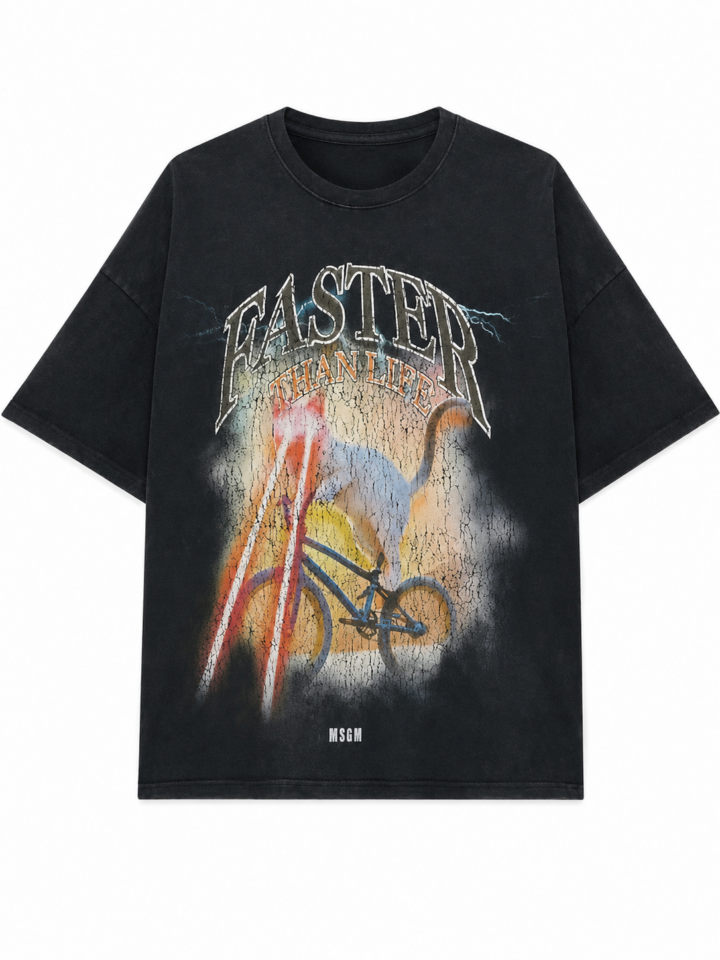Faded Black Oversized Graphic T-Shirt with Bicycle Print