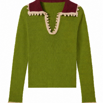 Olive Green Textured Ribbed Knit Pullover with Burgundy Collar and Cream Trim