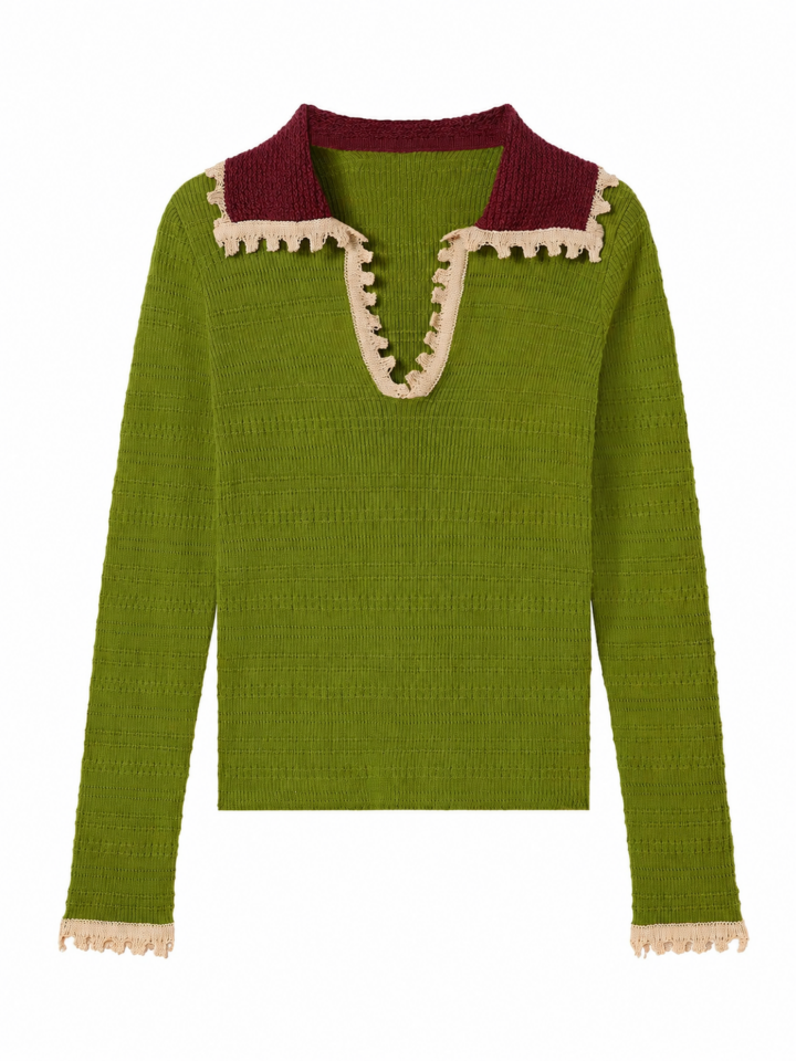 Olive Green Textured Ribbed Knit Pullover with Burgundy Collar and Cream Trim