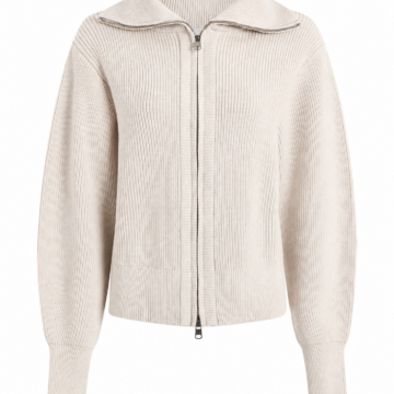 Off-White Ribbed Zip-Up Cardigan with Spread Collar