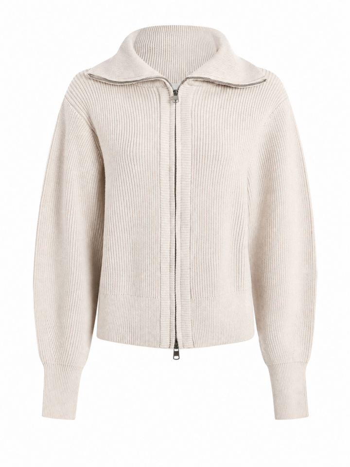 Off-White Ribbed Zip-Up Cardigan with Spread Collar
