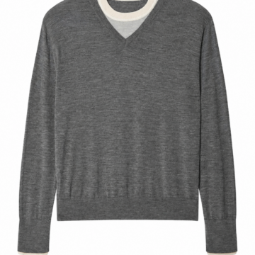 Heathered Grey V-Neck Pullover Sweater with Off-White Trim