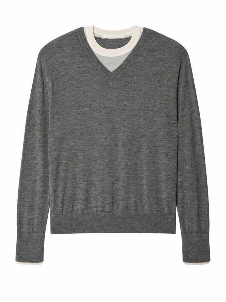 Heathered Grey V-Neck Pullover Sweater with Off-White Trim