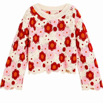 Cream Crochet Sweater with Red and Pink Floral Motifs