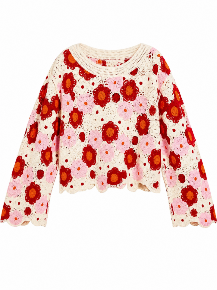 Cream Crochet Sweater with Red and Pink Floral Motifs