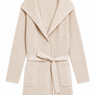 Ivory Ribbed Knit Cardigan with Shawl Collar and Belt
