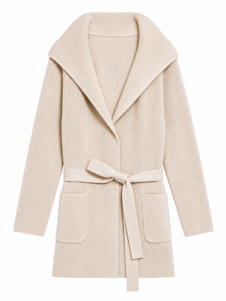 Ivory Ribbed Knit Cardigan with Shawl Collar and Belt