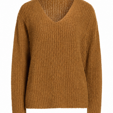 Camel Relaxed Fit V-Neck Ribbed Knit Sweater