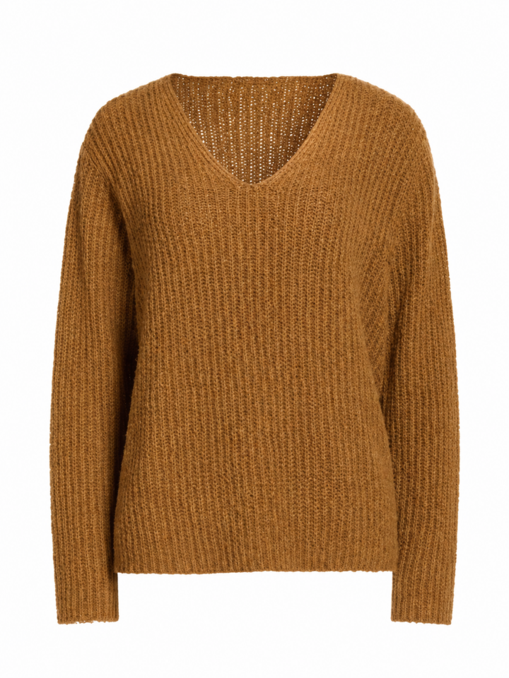 Camel Relaxed Fit V-Neck Ribbed Knit Sweater