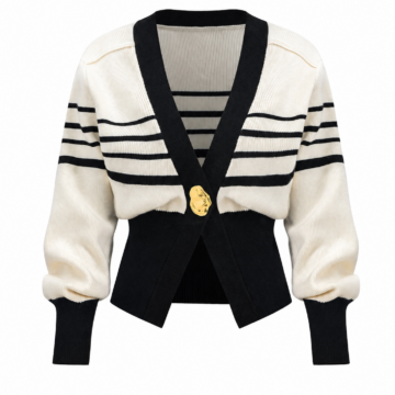Cream and Black Striped Cropped Knit Cardigan with Gold Button