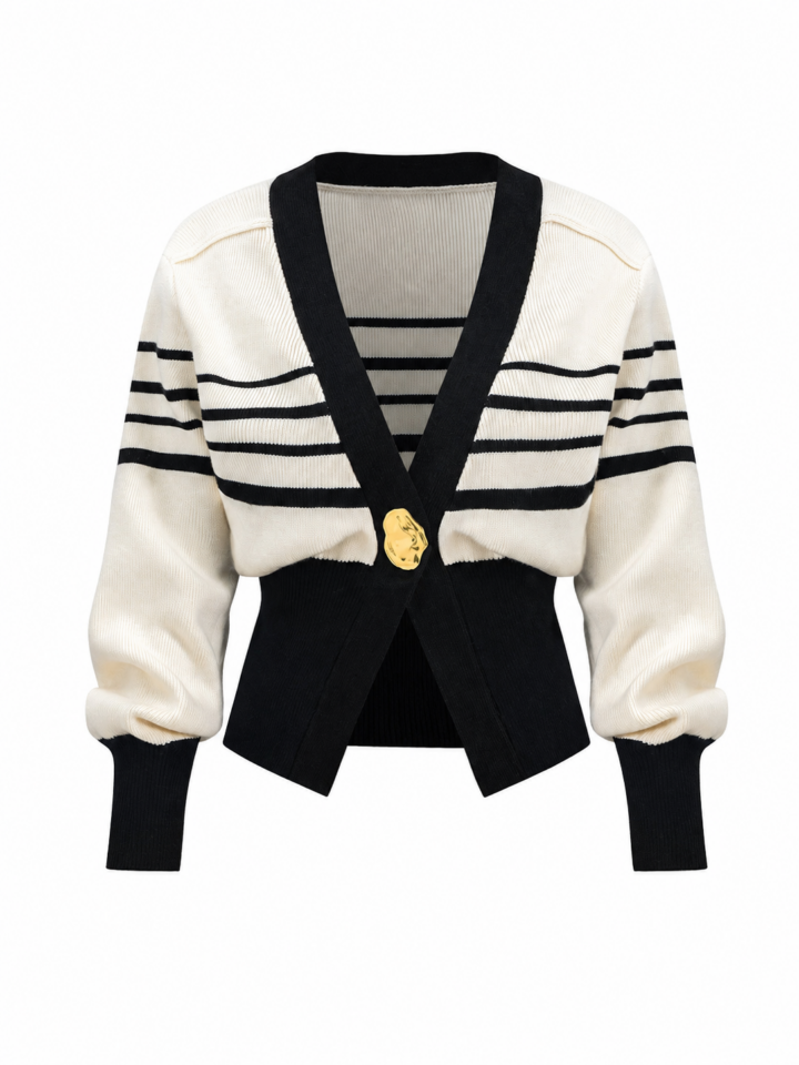 Cream and Black Striped Cropped Knit Cardigan with Gold Button