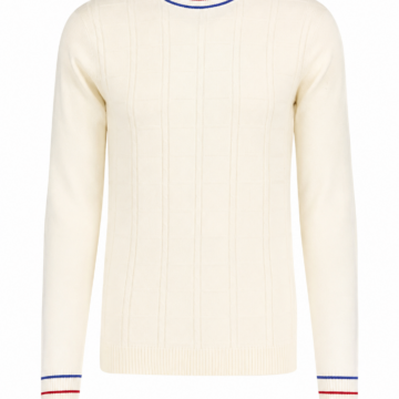 Cream Cable Knit Sweater with Red and Blue Stripe Trim
