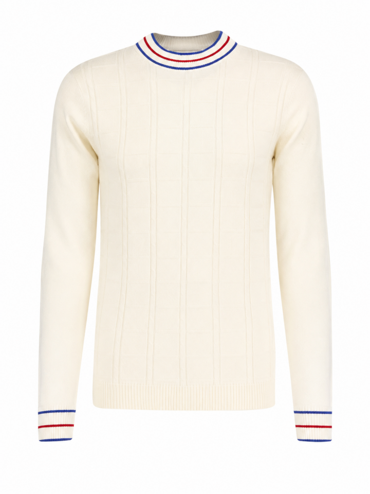 Cream Cable Knit Sweater with Red and Blue Stripe Trim