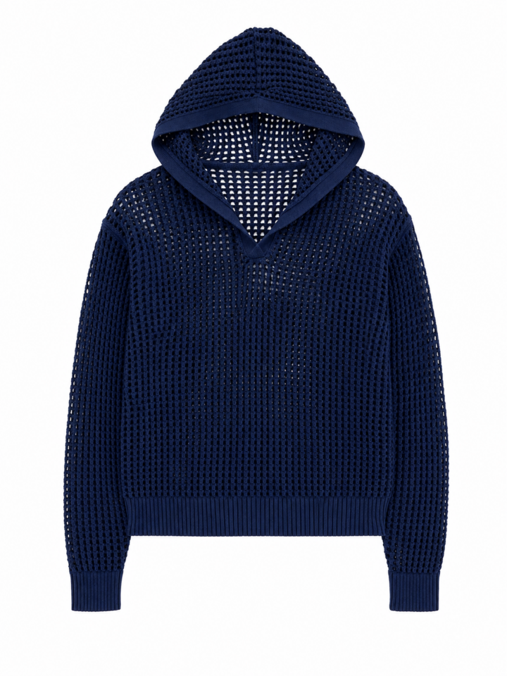 Navy Blue Open Knit Hooded Sweater