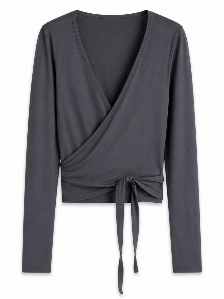 Dark Grey Cropped Wrap Top with Side Tie