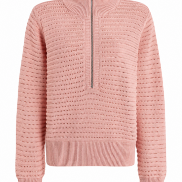 Pink Half-Zip Mock Neck Pullover Sweater with Eyelet Pattern