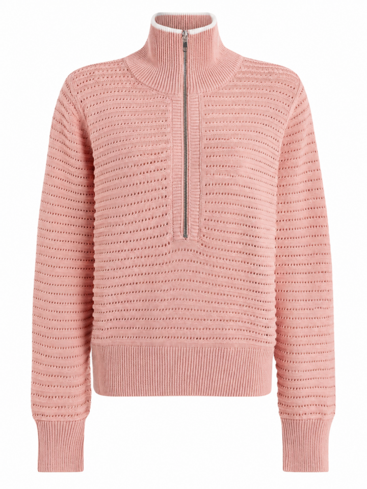 Pink Half-Zip Mock Neck Pullover Sweater with Eyelet Pattern