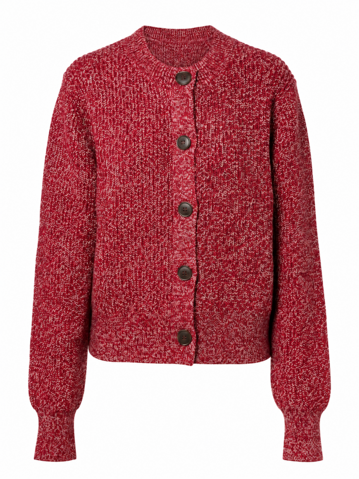 Deep Red Marled Knit Cardigan with White Flecks