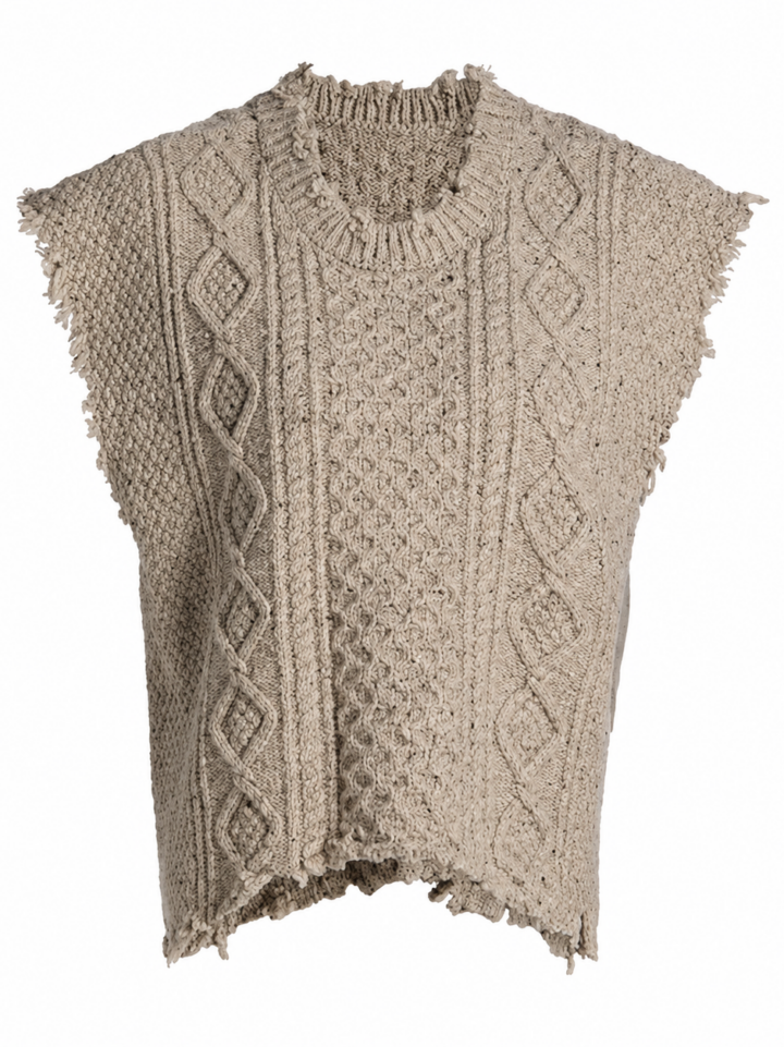 Beige Sleeveless Cable Knit Sweater Vest with Raw Edges