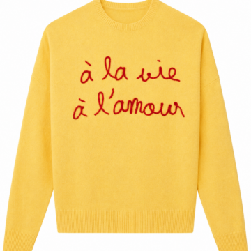 Bright Yellow Crew Neck Pullover Sweater with Red Script Embroidery
