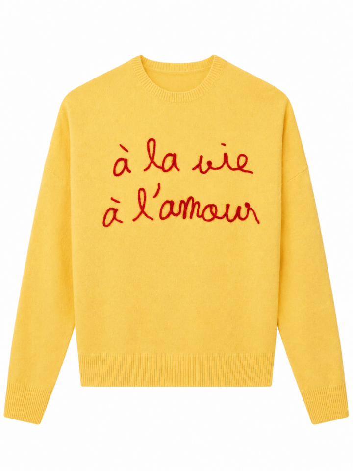 Bright Yellow Crew Neck Pullover Sweater with Red Script Embroidery