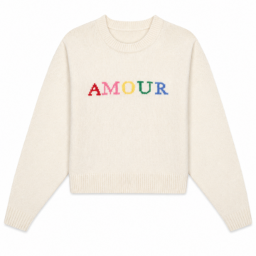 Cream Knit Sweater with Colorful Intarsia 'AMOUR' Graphic