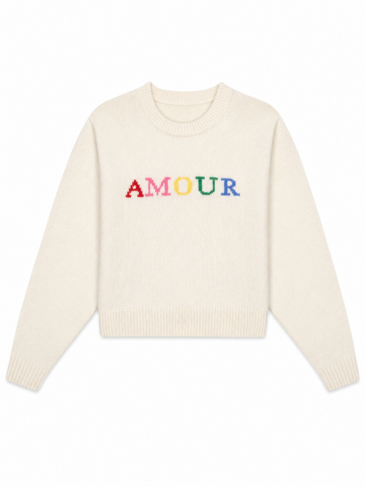 Cream Knit Sweater with Colorful Intarsia 'AMOUR' Graphic