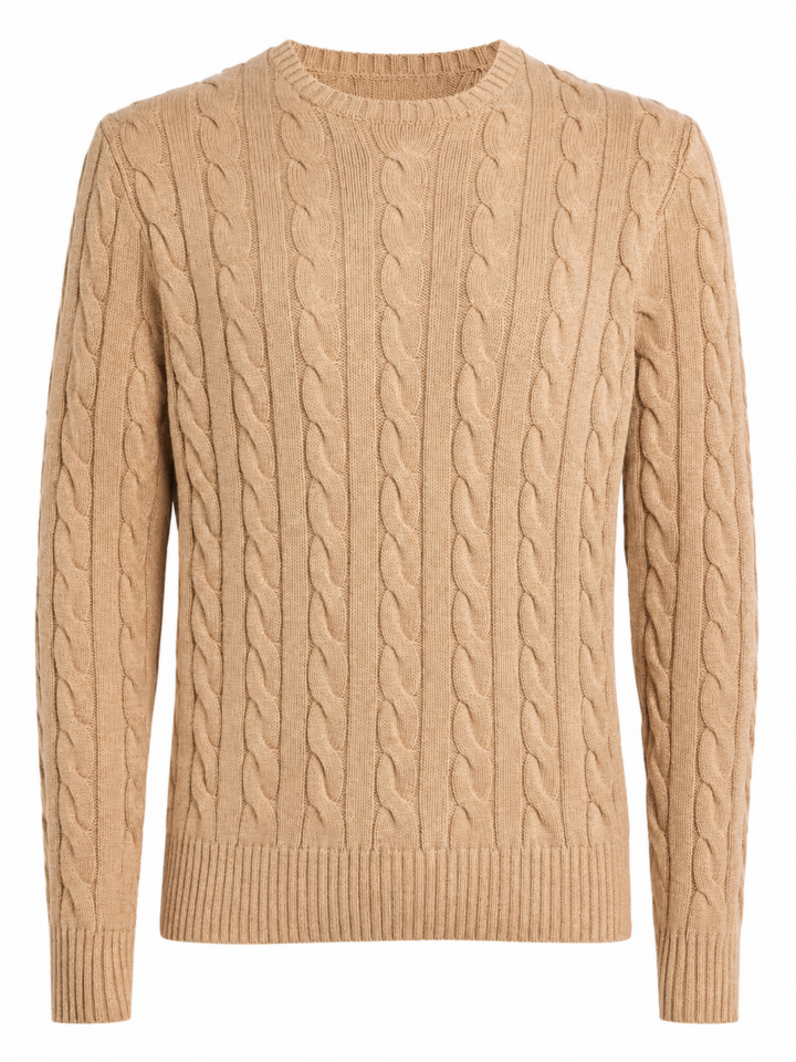 Beige Cable Knit Crewneck Sweater