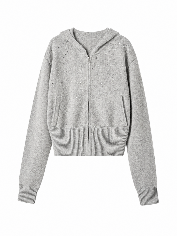 Heather Grey Embellished Cropped Zip Hoodie