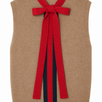 Camel Knit Vest with Red Bow and Navy Stripe