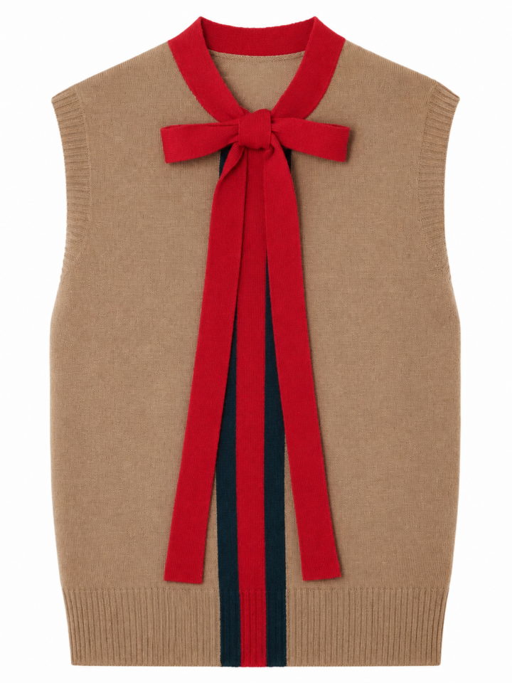 Camel Knit Vest with Red Bow and Navy Stripe