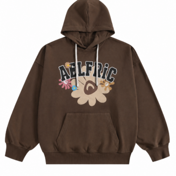 Dark Brown Graphic Pullover Hoodie with Floral Print