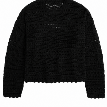 Black Cropped Open-Knit Sweater with Pointelle Texture and Scalloped Edges