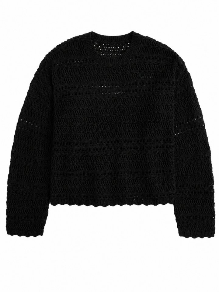Black Cropped Open-Knit Sweater with Pointelle Texture and Scalloped Edges