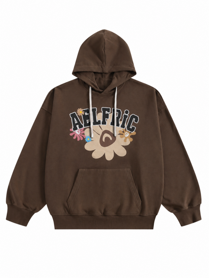 Dark Brown Graphic Pullover Hoodie with Floral Print