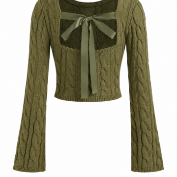 Olive Green Cable Knit Cropped Top with Bow Detail