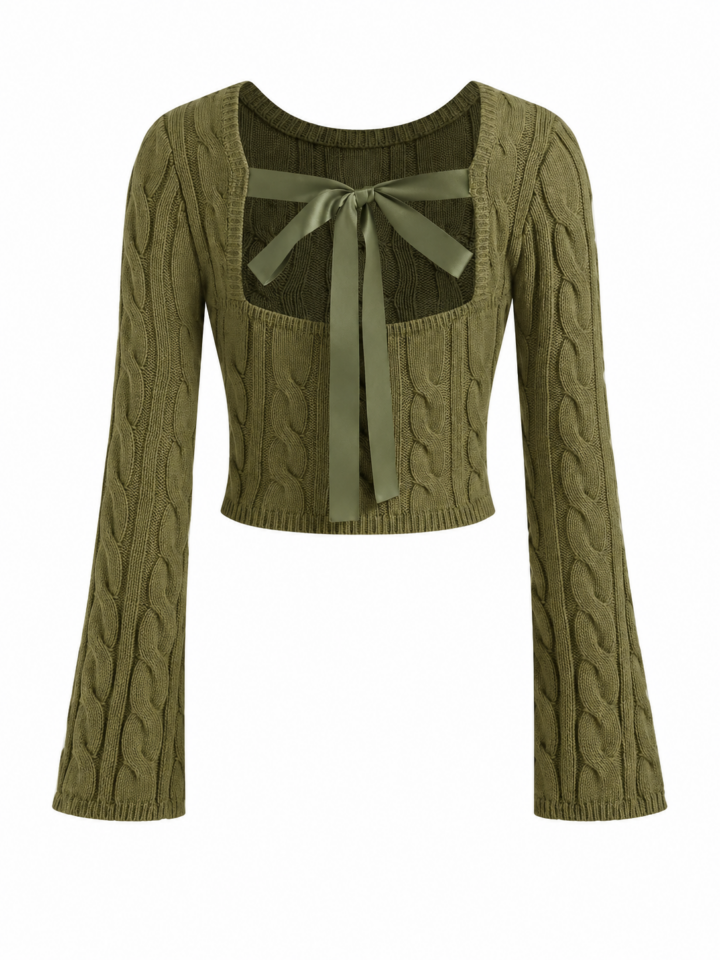Olive Green Cable Knit Cropped Top with Bow Detail
