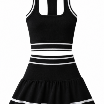Black Two-Piece Activewear Set with Ribbed Crop Top and Flared Skirt