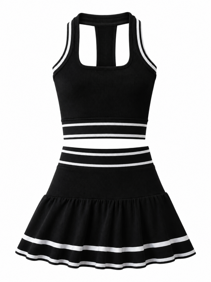 Black Two-Piece Activewear Set with Ribbed Crop Top and Flared Skirt