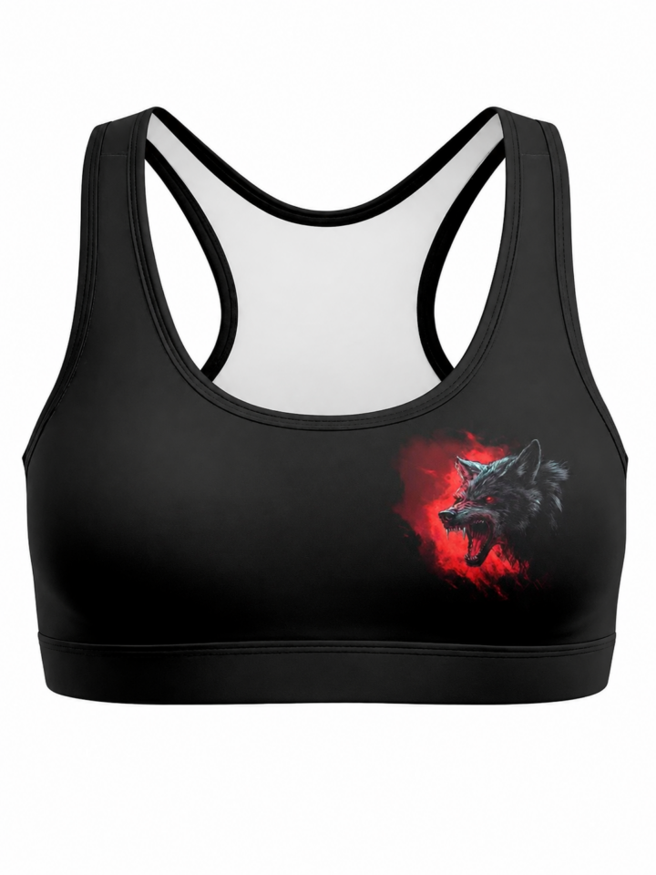 Black Sports Bra with Wolf Graphic Print