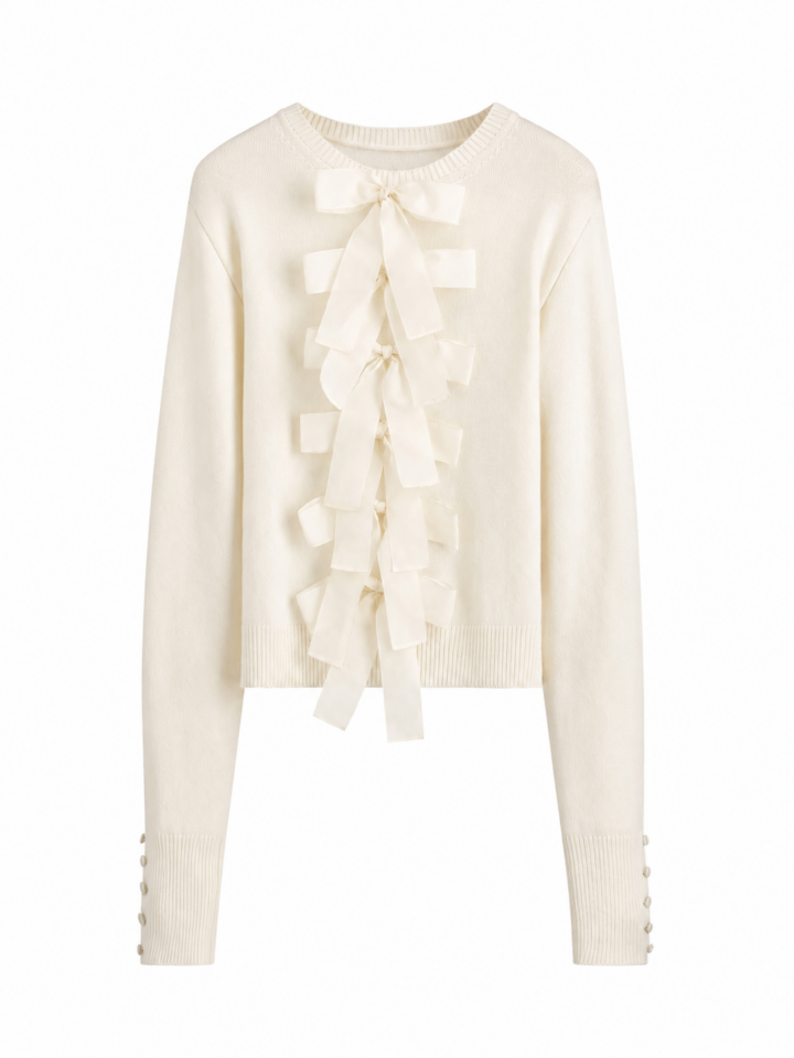Cream Relaxed Fit Bow Detail Ribbed Knit Sweater