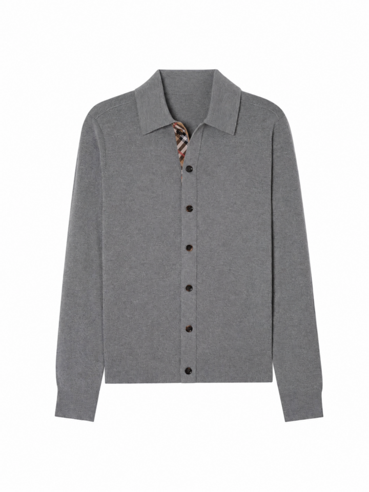 Medium Grey Fine Knit Cardigan with Polo Collar