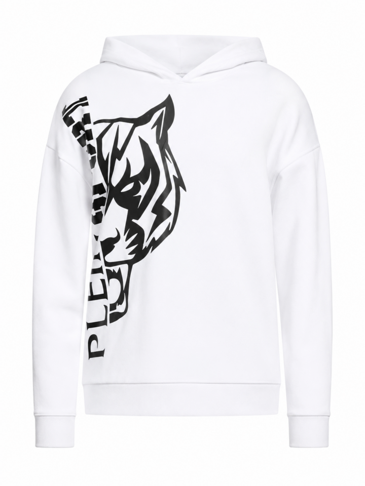 White Graphic Pullover Hoodie with Tiger Print