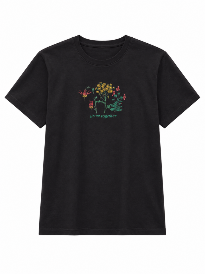 Black Short-Sleeve T-Shirt with Wildflower Graphic