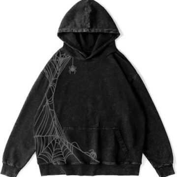 Oversized Acid-Wash Black Hoodie with Spiderweb Design