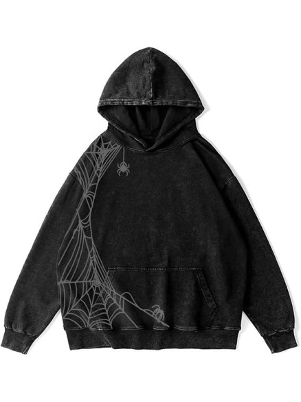 Oversized Acid-Wash Black Hoodie with Spiderweb Design